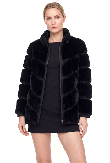 GALA Dik Yakalı Dilim Detaylı Suni Kürk Ceket - Siyah