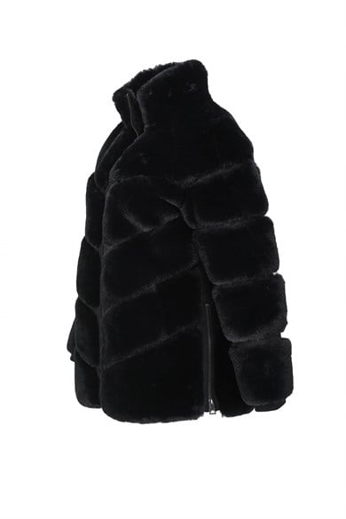 GALA Dik Yakalı Dilim Detaylı Suni Kürk Ceket - Siyah