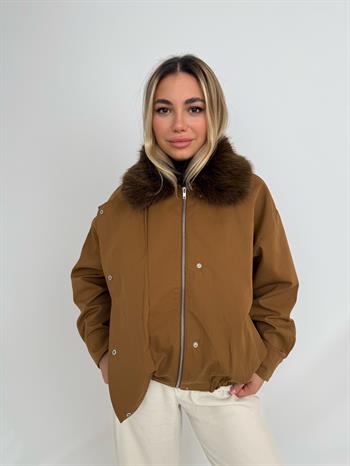 HAILEY Yakası Kürklü Trençkot - Kahverengi