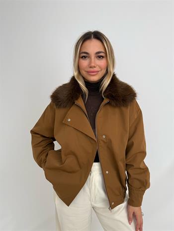 HAILEY Yakası Kürklü Trençkot - Kahverengi