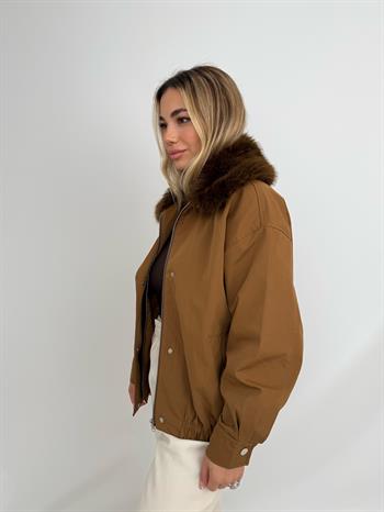 HAILEY Yakası Kürklü Trençkot - Kahverengi