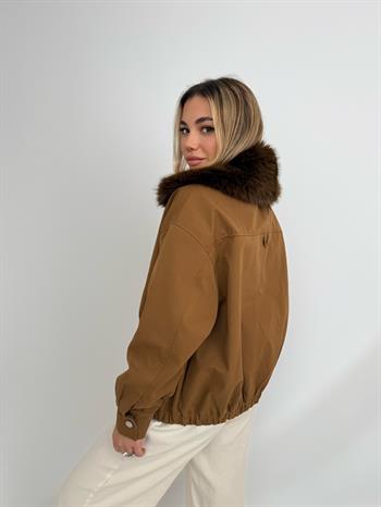 HAILEY Yakası Kürklü Trençkot - Kahverengi