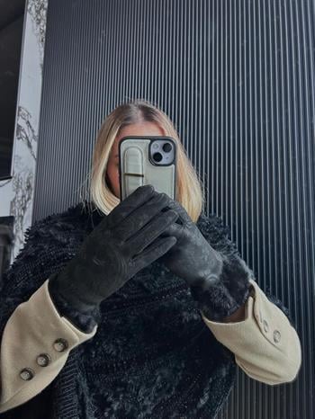 JF Bileği Kürklü Desenli Süet Eldiven - Siyah