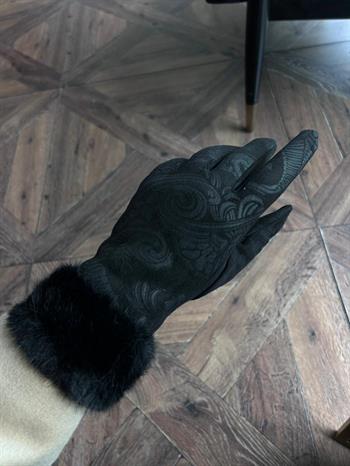 JF Bileği Kürklü Desenli Süet Eldiven - Siyah