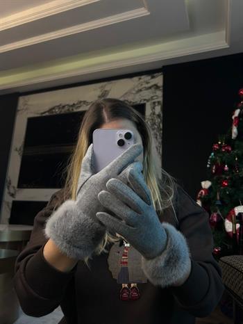 JF Bileği Kürklü Eldiven - Gri