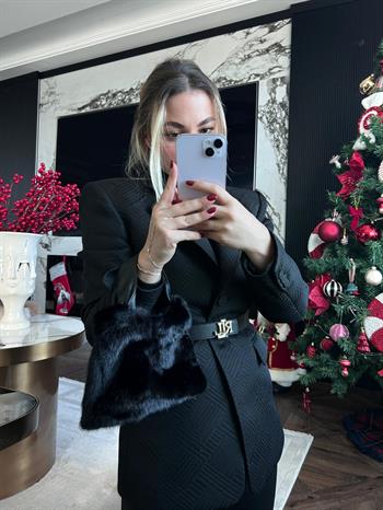 JF Deri Saplı Peluş Çanta - Siyah