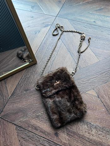 JF Gold Zincir Detaylı Askı Peluş Çanta - Kahverengi