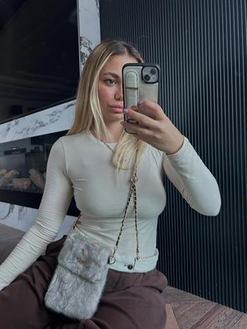 JF Gold Zincir Detaylı Askı Peluş Çanta - Gri