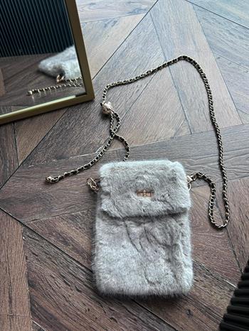 JF Gold Zincir Detaylı Askı Peluş Çanta - Gri