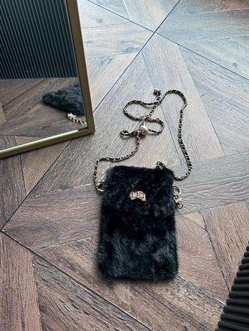 JF Gold Zincir Detaylı Askı Peluş Çanta - Siyah