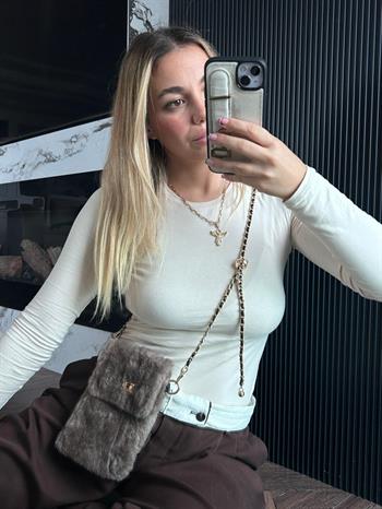 JF Gold Zincir Detaylı Askı Peluş Çanta - Vizon