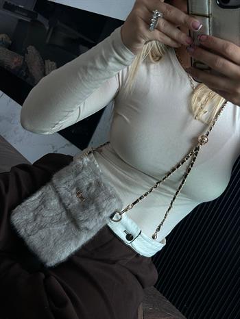 JF Gold Zincir Detaylı Askı Peluş Çanta - Gri