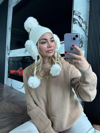 JF Kulaklıklı Ponponlu Triko Bere - Ekru