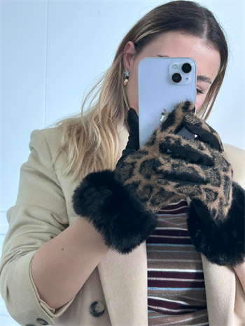 JF Kürklü Leopar Eldiven - Vizon