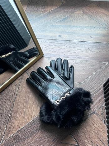 JF Zincir Detaylı Bileği Kürklü Deri Eldiven - Siyah