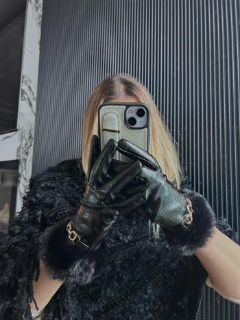 JF Zincir Detaylı Bileği Kürklü Deri Eldiven - Siyah