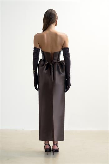 Korseli Balon Etek Detaylı Midi Elbise - Kahverengi