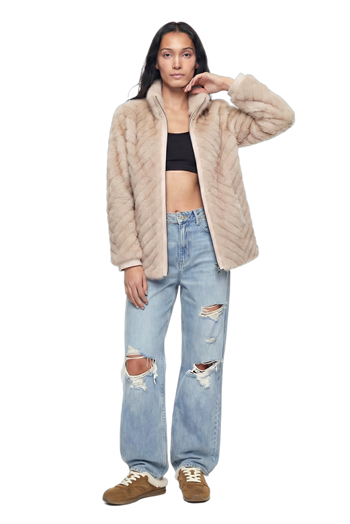 LIXUE Diagonal Dilimli Dik Yaka Suni Kürk Ceket - Bej