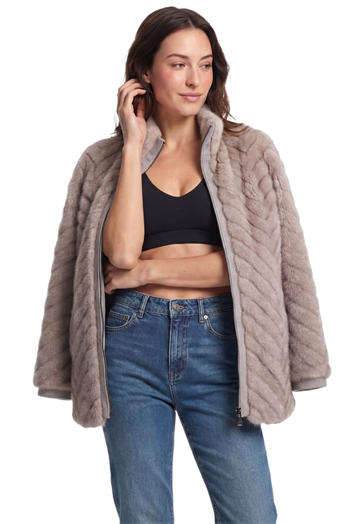 LIXUE Diagonal Dilimli Dik Yaka Suni Kürk Ceket - Gri