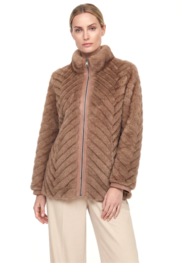 LIXUE Diagonal Dilimli Dik Yaka Suni Kürk Ceket - Vizon