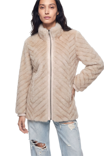 LIXUE Diagonal Dilimli Dik Yaka Suni Kürk Ceket - Bej