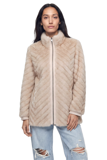 LIXUE Diagonal Dilimli Dik Yaka Suni Kürk Ceket - Bej