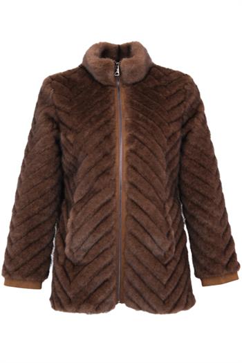 LIXUE Diagonal Dilimli Dik Yaka Suni Kürk Ceket - Kahverengi