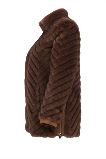 LIXUE Diagonal Dilimli Dik Yaka Suni Kürk Ceket - Kahverengi