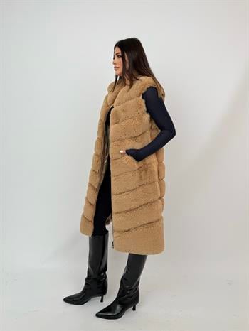 Long Classic Suni Kürk Yelek - Şampanya