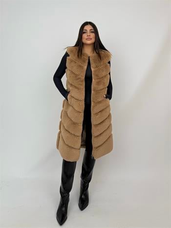 Long Classic Suni Kürk Yelek - Şampanya