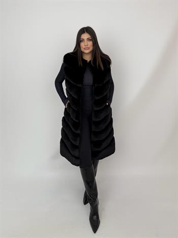 Long Classic Suni Kürk Yelek - Siyah