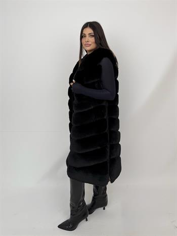 Long Classic Suni Kürk Yelek - Siyah