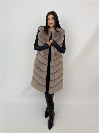 Long Classic Suni Kürk Yelek - Taş