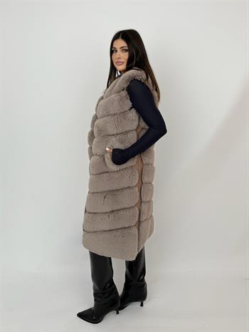 Long Classic Suni Kürk Yelek - Taş