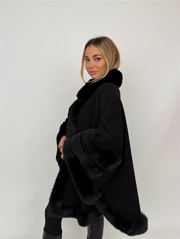 MARCELA Kürklü Kaşmir Panço - Siyah