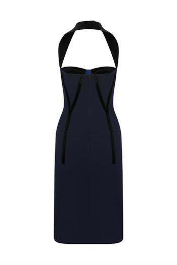 MAREA Kadife Çizgi Detaylı Midi Elbise - Lacivert