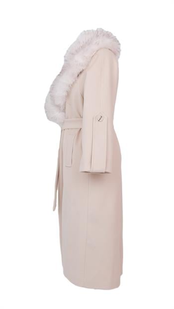 NANDO Yakası Kürklü Oversize Kaban - Bej