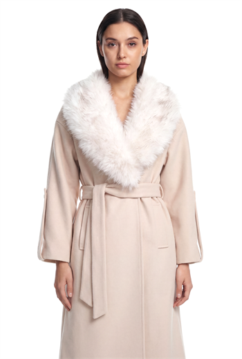 NANDO Yakası Kürklü Oversize Kaban - Bej