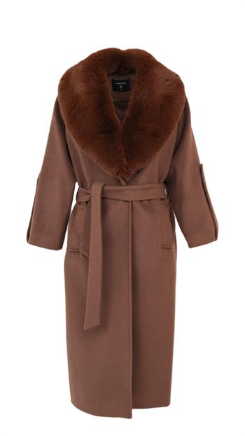 NANDO Yakası Kürklü Oversize Kaban - Kahverengi