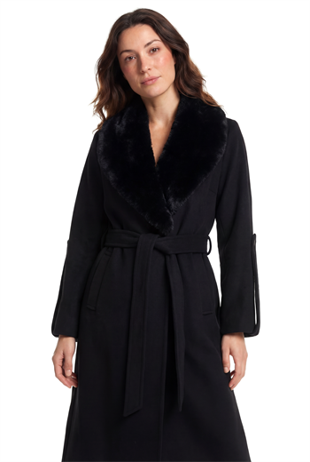NANDO Yakası Kürklü Oversize Kaban - Siyah