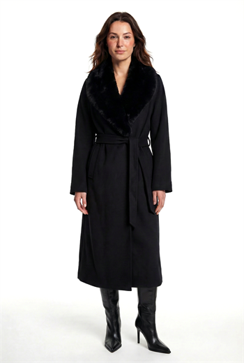 NANDO Yakası Kürklü Oversize Kaban - Siyah