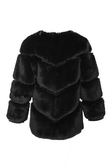 NOVUS Yuvarlak Yakalı Yoğun Kürklü Ceket - Siyah