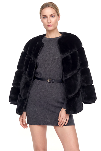 NOVUS Yuvarlak Yakalı Yoğun Kürklü Ceket - Siyah