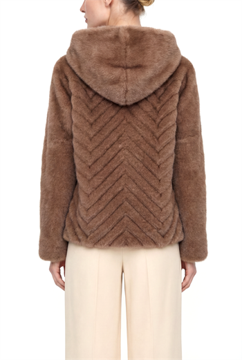 OLESYA Diagonal Dilimli Kapüşonlu Suni Kürk Ceket - Vizon