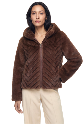 OLESYA Diagonal Dilimli Kapüşonlu Suni Kürk Ceket - Kahverengi