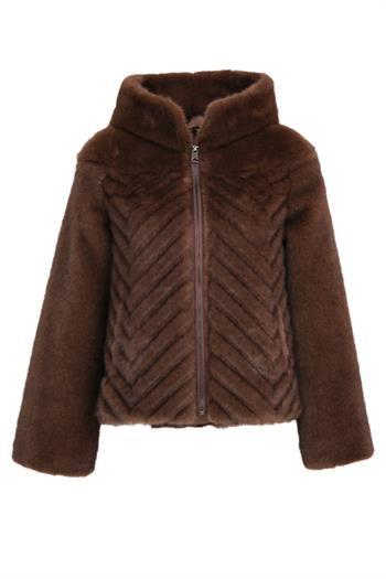 OLESYA Diagonal Dilimli Kapüşonlu Suni Kürk Ceket - Kahverengi