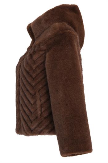 OLESYA Diagonal Dilimli Kapüşonlu Suni Kürk Ceket - Kahverengi