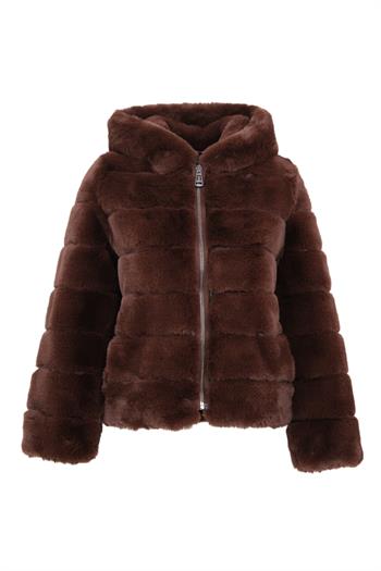 ROSA Kapüşonlu Sık Dilimli Yoğun Kürk Ceket - Acı Kahve