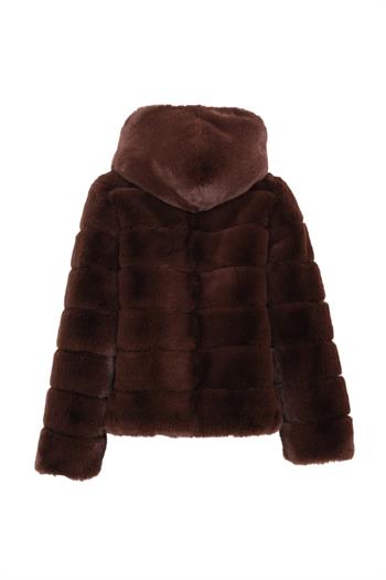 ROSA Kapüşonlu Sık Dilimli Yoğun Kürk Ceket - Acı Kahve