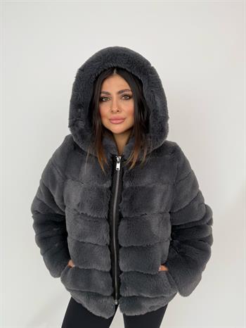 ROSA Kapüşonlu Suni Kürk Ceket - Antrasit